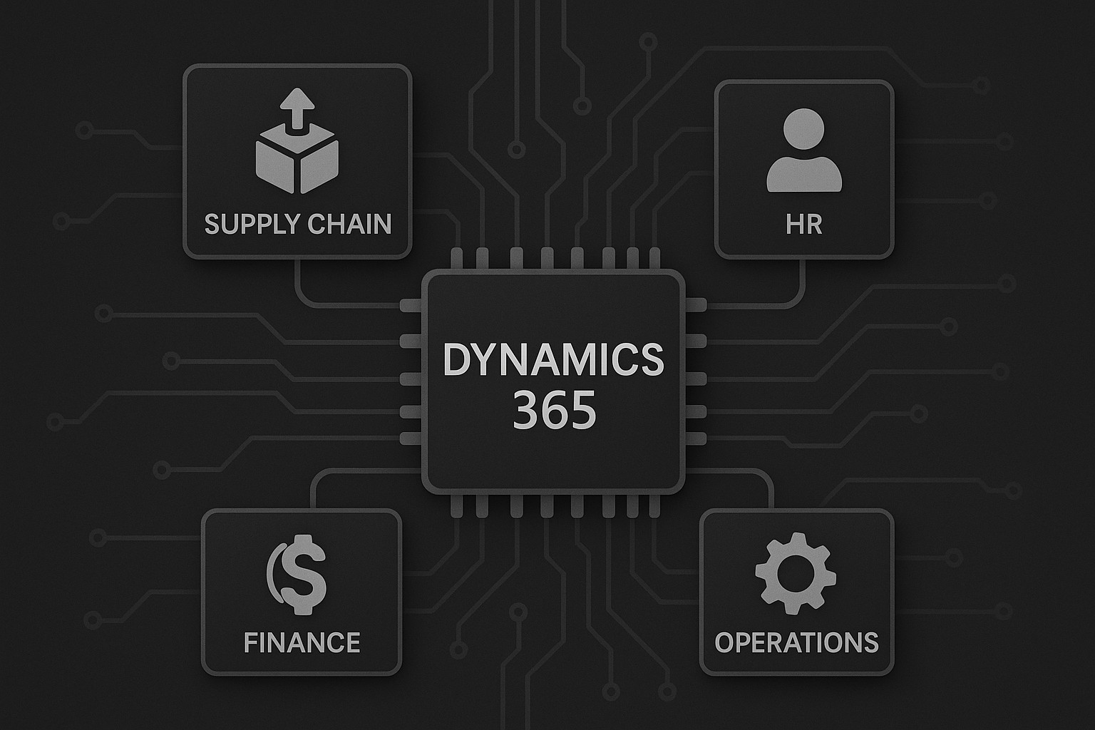 Visual representation of unifying data across supply chain, HR, finance, and operations with Microsoft Dynamics 365 ERP